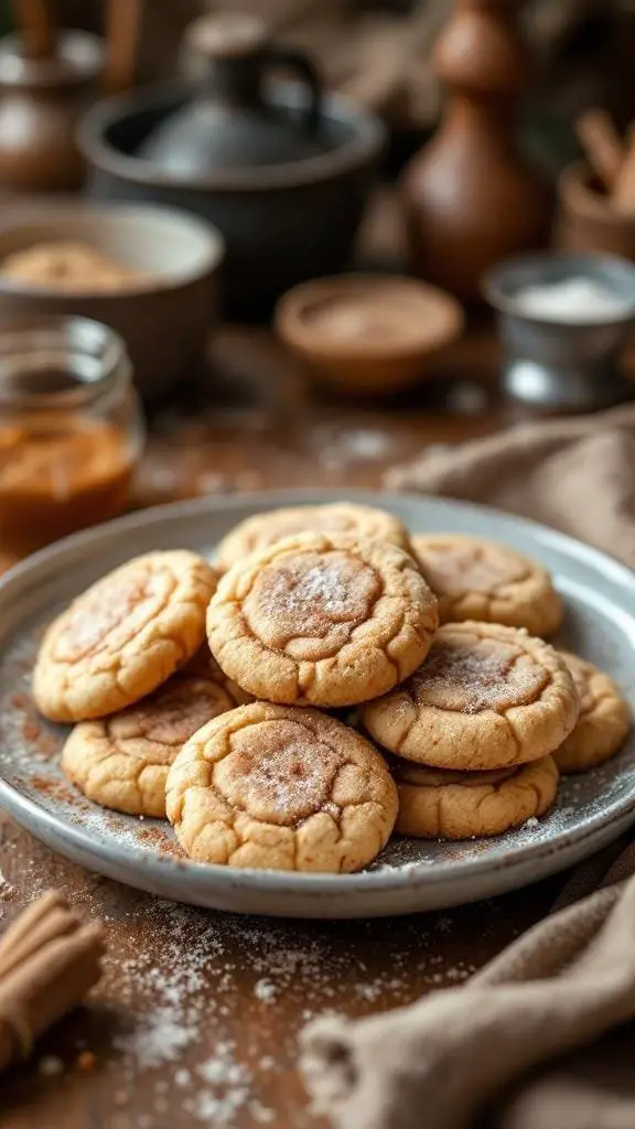 A plate of freshly baked snickerdoodle cookies with a sprinkle of cinnamon sugar.