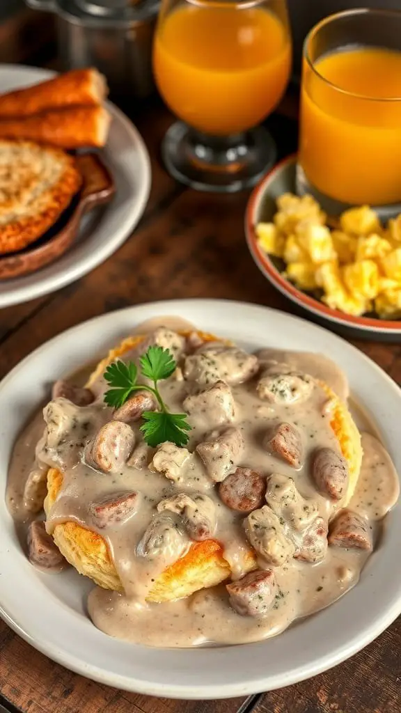 A plate of classic Southern biscuits and gravy, served with orange juice and scrambled eggs.