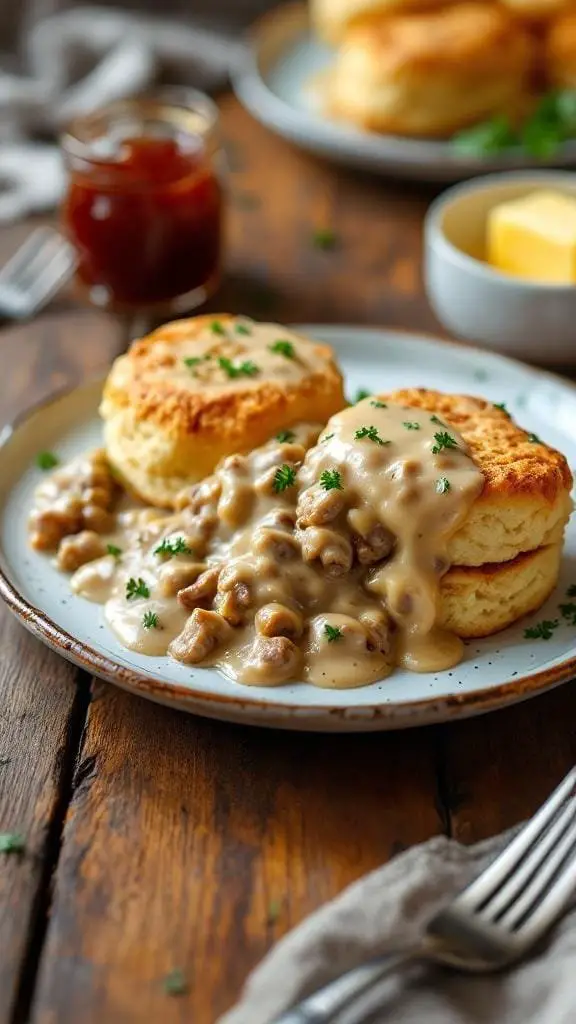 A plate of classic Southern biscuits and gravy with parsley garnish.