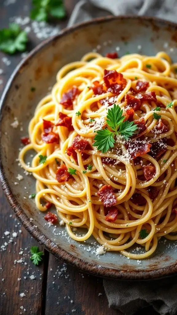 A plate of spaghetti carbonara topped with crispy pancetta and parsley