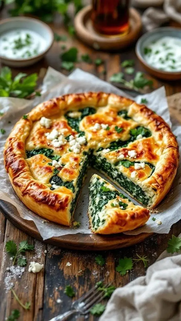 A delicious spanakopita pie with a golden crust and spinach filling, served on a wooden platter.