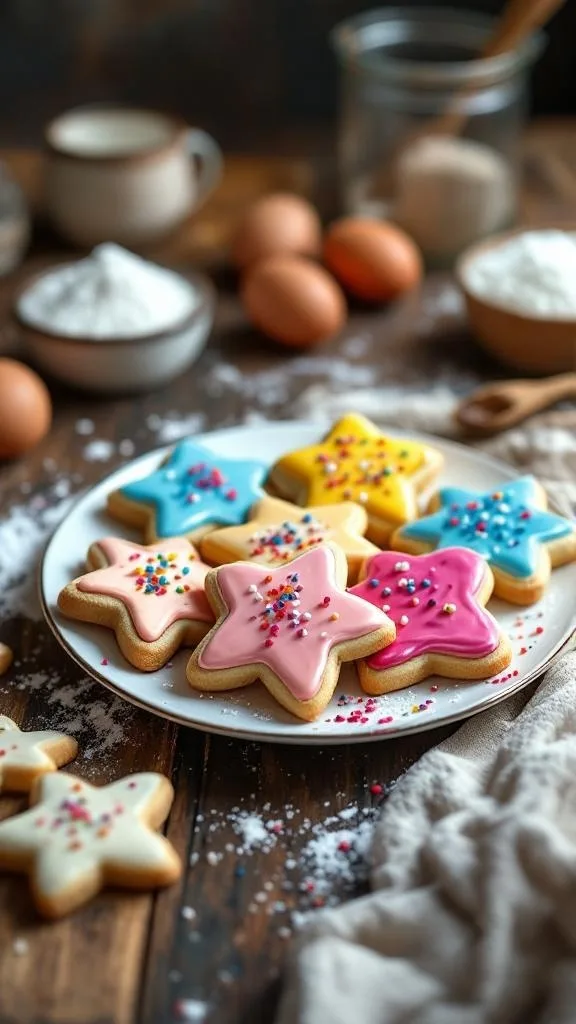 A plate of colorful star-shaped sugar cookies decorated with icing and sprinkles.