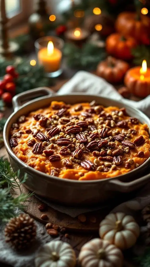 A delicious sweet potato casserole topped with pecans, surrounded by festive decorations.