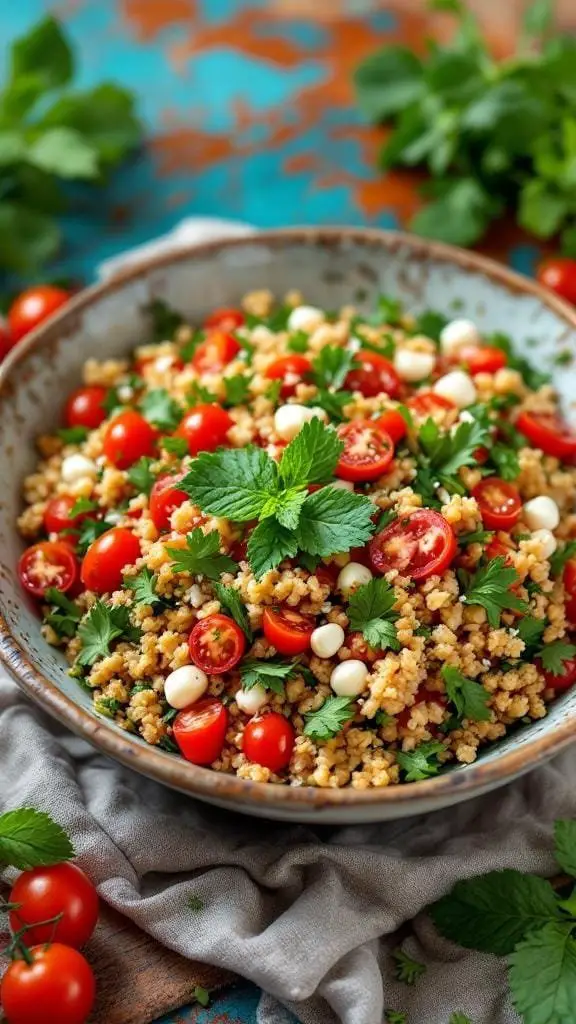 A bowl of classic tabbouleh salad with tomatoes, parsley, and bulgur.