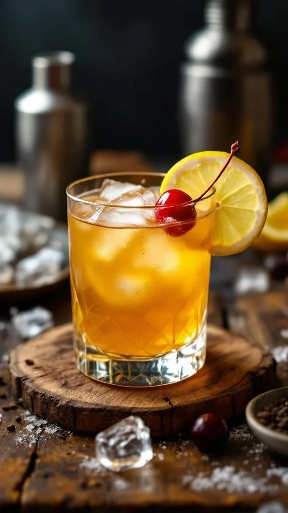 A Classic Whiskey Sour cocktail garnished with a lemon slice and cherry.