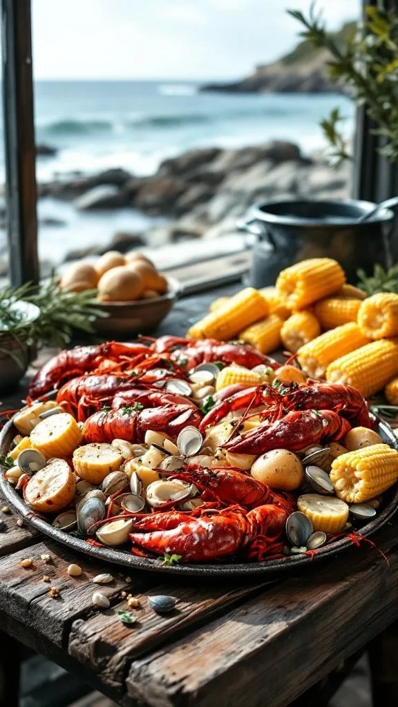 A delicious lobster clam bake featuring lobsters, clams, potatoes, and corn, set against a coastal backdrop.