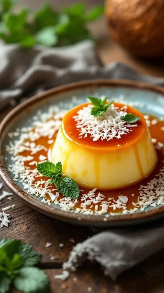 A beautifully presented coconut flan topped with caramel and shredded coconut.
