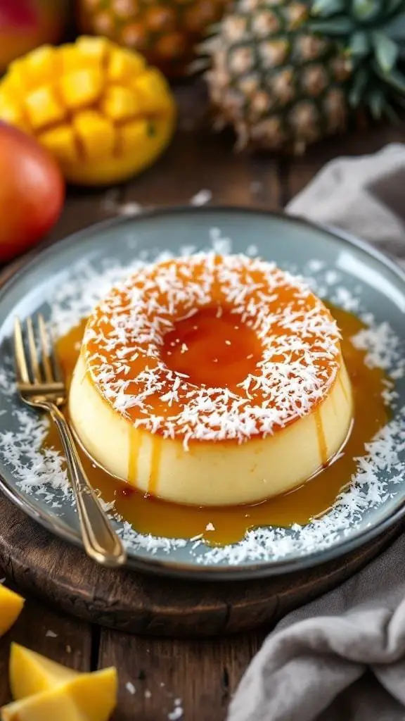 A beautifully plated coconut flan topped with caramel and shredded coconut, surrounded by tropical fruits.