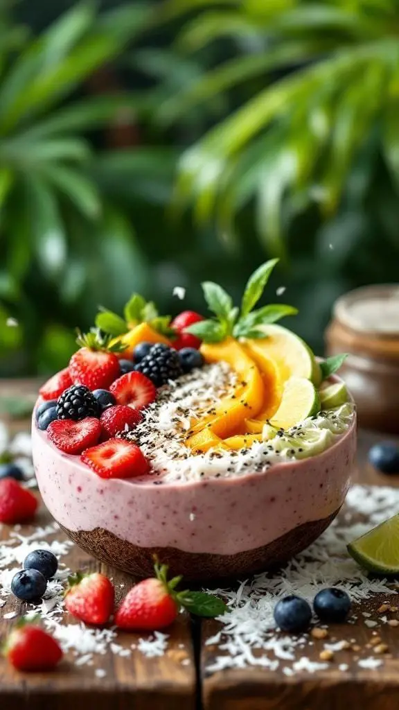 A vibrant coconut lime smoothie bowl topped with fruits and coconut flakes.