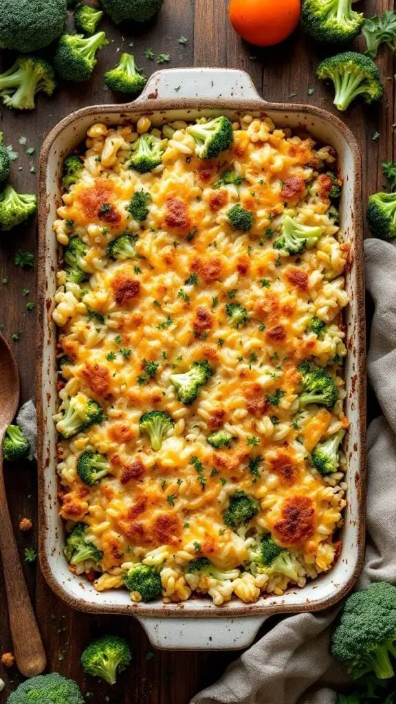 A delicious broccoli and cheese rice casserole baked in a dish, surrounded by fresh broccoli florets.
