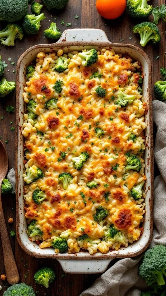 A delicious broccoli and cheese rice casserole baked in a dish, surrounded by fresh broccoli florets.