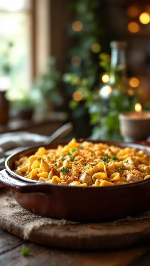 A cozy tuna noodle casserole in a brown dish, topped with breadcrumbs and parsley.