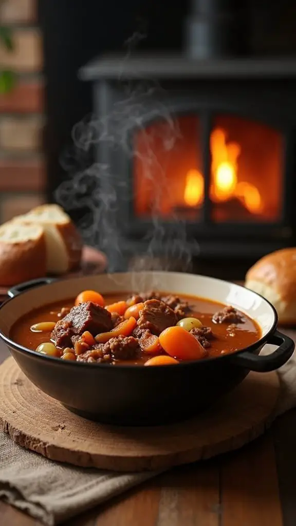 A steaming bowl of beef stew with carrots and potatoes, placed on a wooden table near a cozy fireplace.
