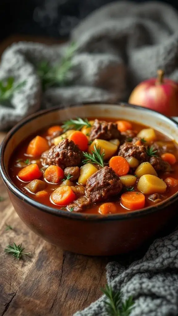 A bowl of cozy homemade beef stew with carrots and potatoes