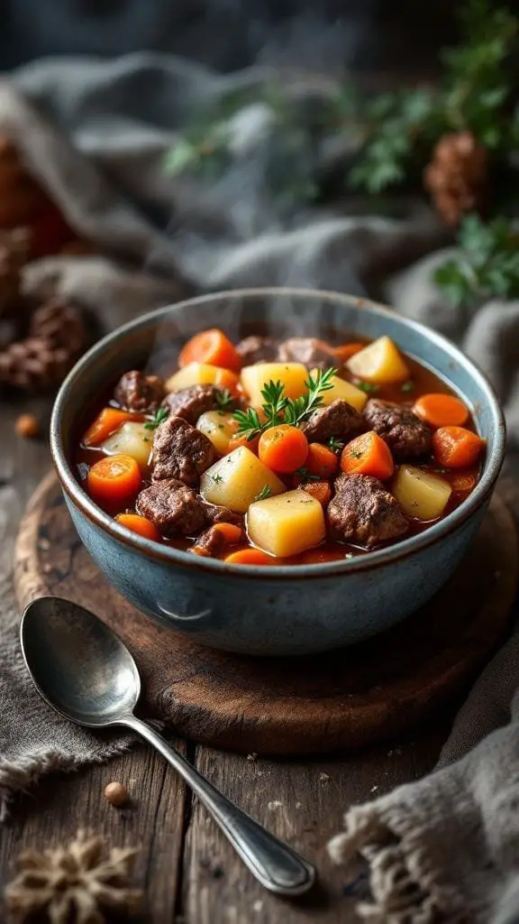 A bowl of homemade beef stew with carrots and potatoes.