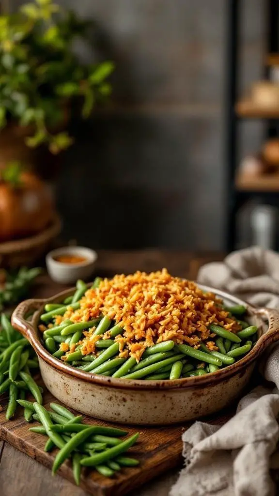 A delicious green bean casserole topped with crispy onions, served in a rustic dish.