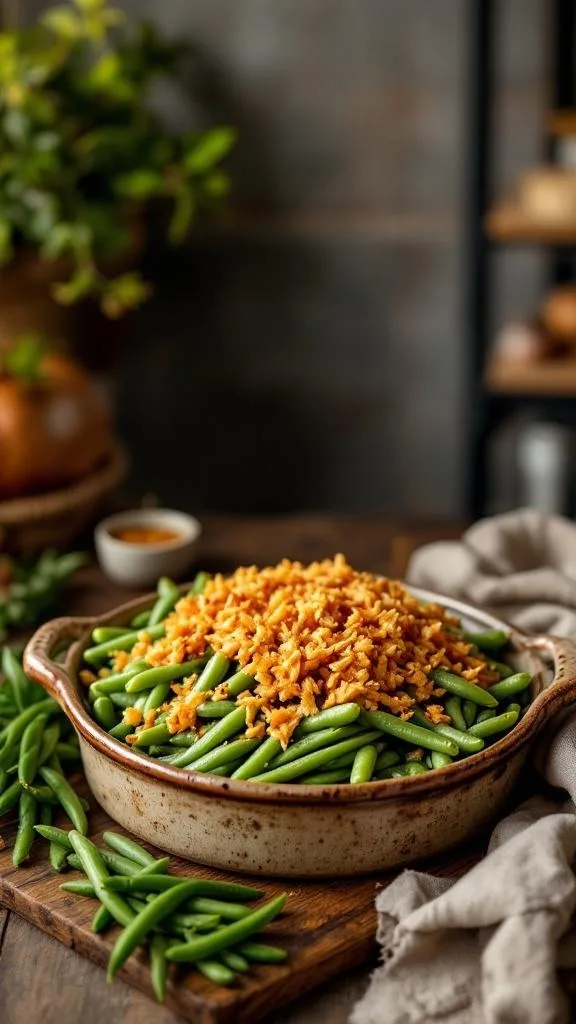 A delicious green bean casserole topped with crispy onions, served in a rustic dish.