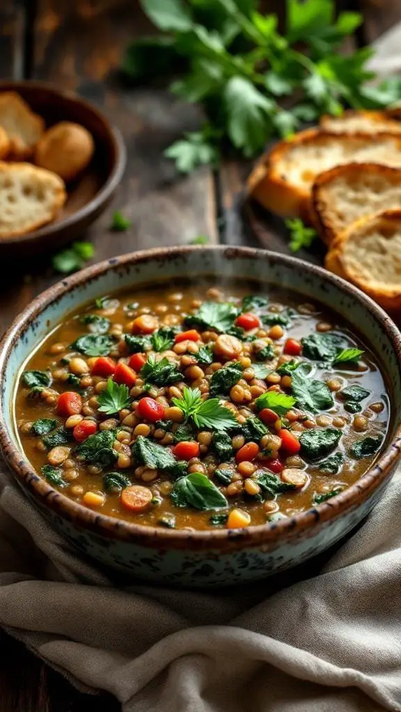 A bowl of Mediterranean lentil spinach soup garnished with fresh herbs and colorful vegetables.