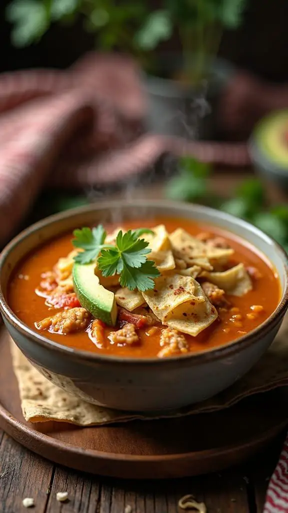 A bowl of Mexican Chicken Tortilla Soup garnished with avocado and cilantro.