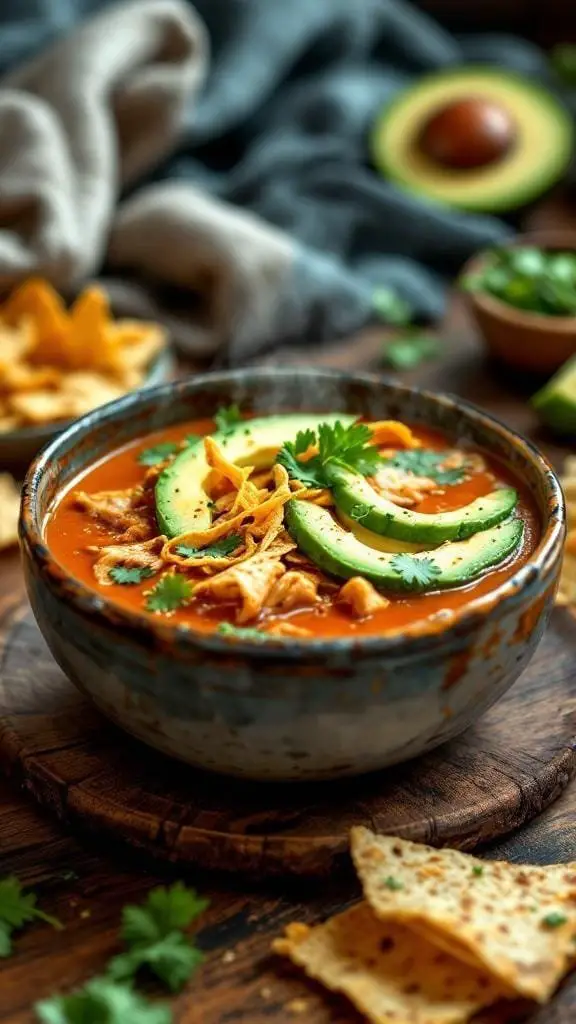 A bowl of Mexican Chicken Tortilla Soup topped with avocado, cilantro, and tortilla strips.