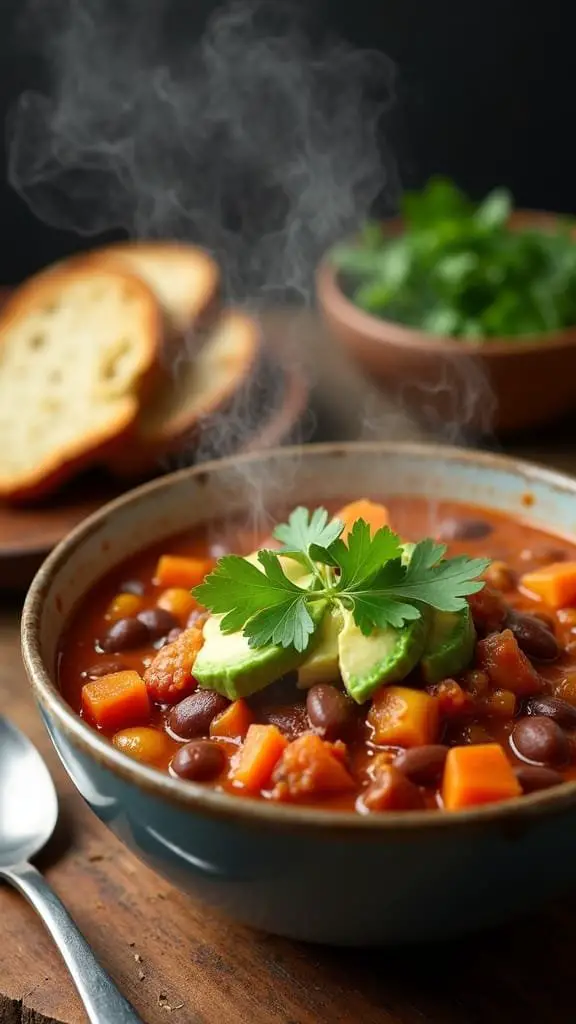 A steaming bowl of sweet potato and bean chili topped with avocado and cilantro, with slices of bread in the background.