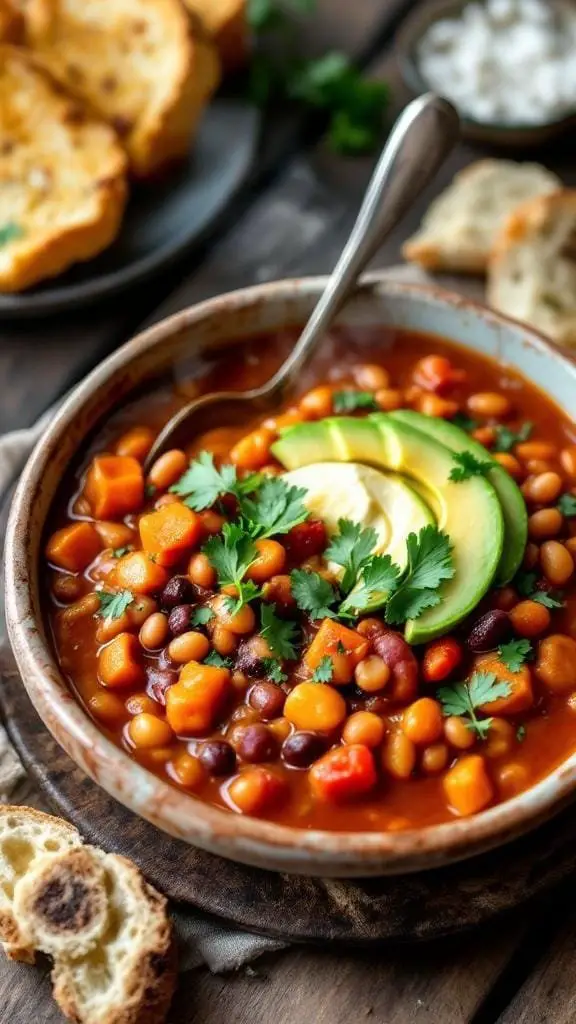 A bowl of colorful sweet potato and bean chili garnished with cilantro and lime slices, served with bread on the side.