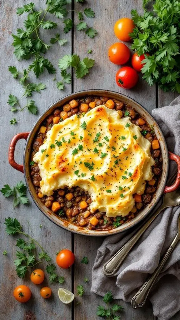 A delicious Vegan Shepherd's Pie topped with creamy mashed potatoes, surrounded by fresh herbs and tomatoes.