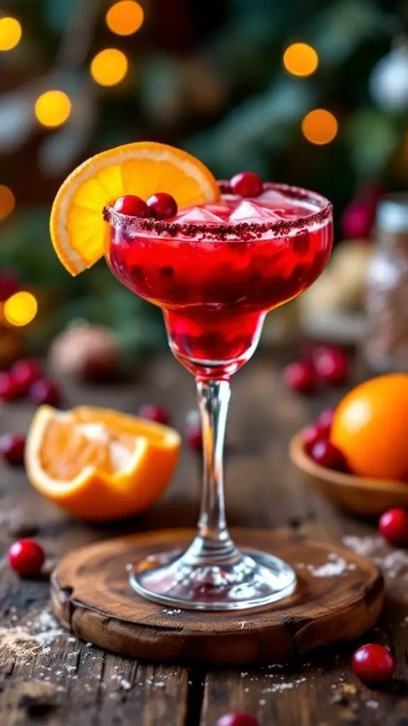 A vibrant cranberry orange margarita garnished with an orange slice and cranberries, set against a festive backdrop.