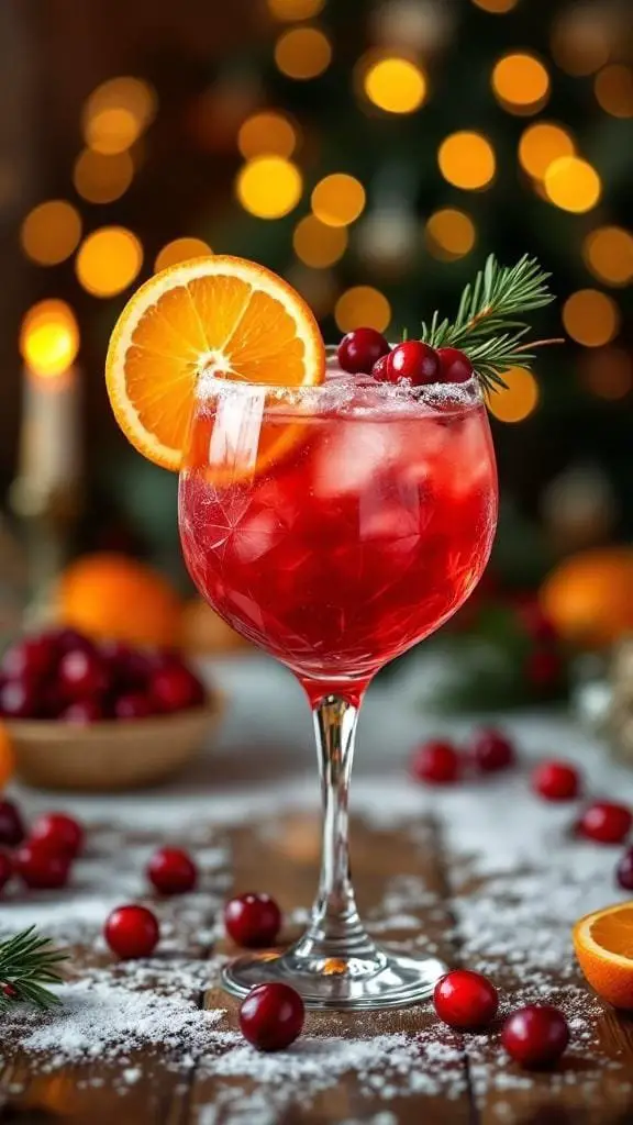 A vibrant cranberry orange margarita garnished with an orange slice and cranberries, set against a festive background.