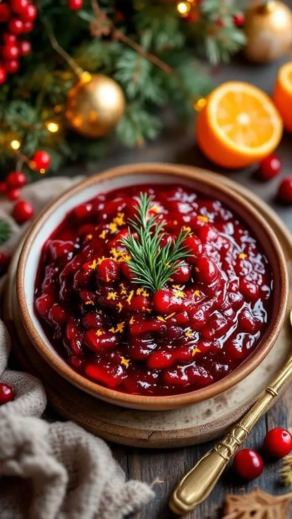A bowl of cranberry sauce garnished with a sprig of rosemary and orange zest, surrounded by festive decorations.