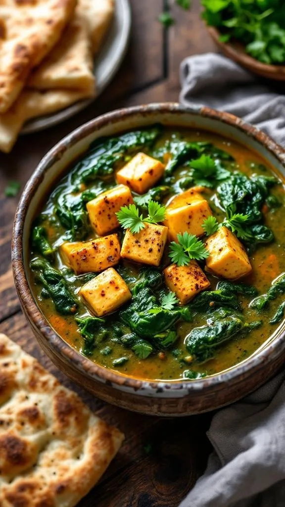 A bowl of creamy sag paneer with spinach and paneer cubes, served with naan.