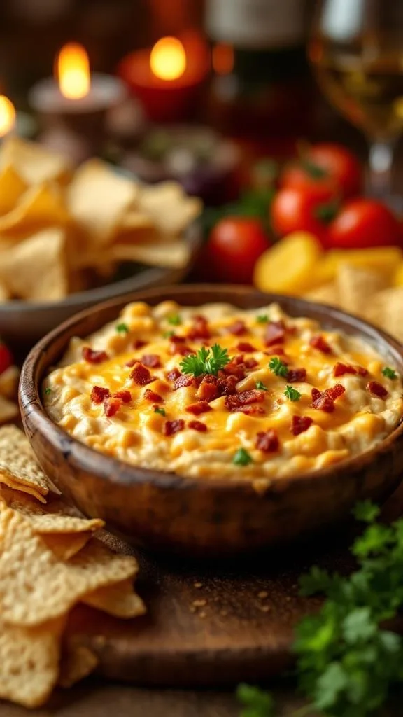 A bowl of creamy bacon cheddar dip topped with bacon bits and cheese, surrounded by tortilla chips and fresh ingredients.