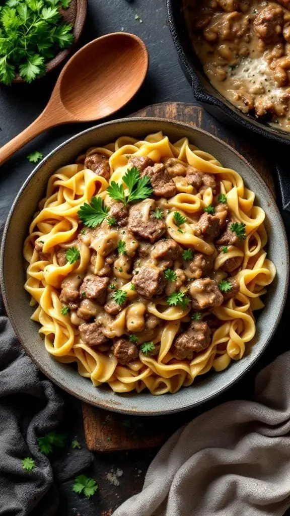 A bowl of creamy beef stroganoff served over egg noodles, garnished with parsley.