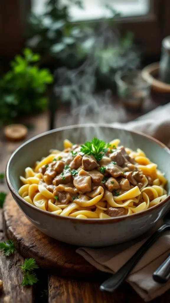 A bowl of creamy beef stroganoff served over egg noodles, garnished with parsley.