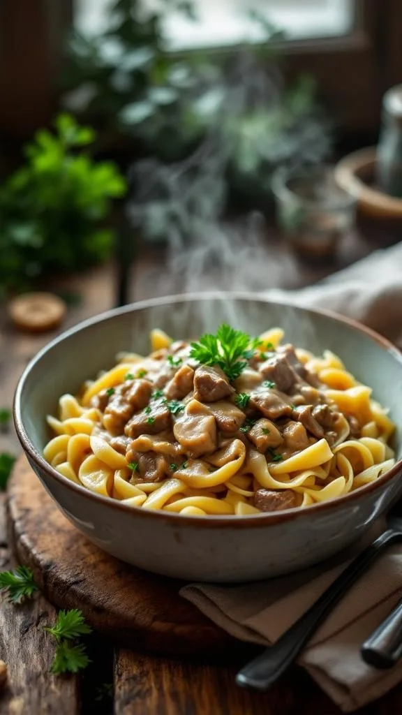 A bowl of creamy beef stroganoff served over egg noodles, garnished with parsley.