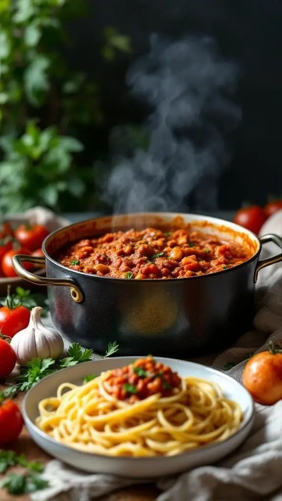 A pot of creamy Bolognese sauce with a plate of spaghetti garnished with parsley.