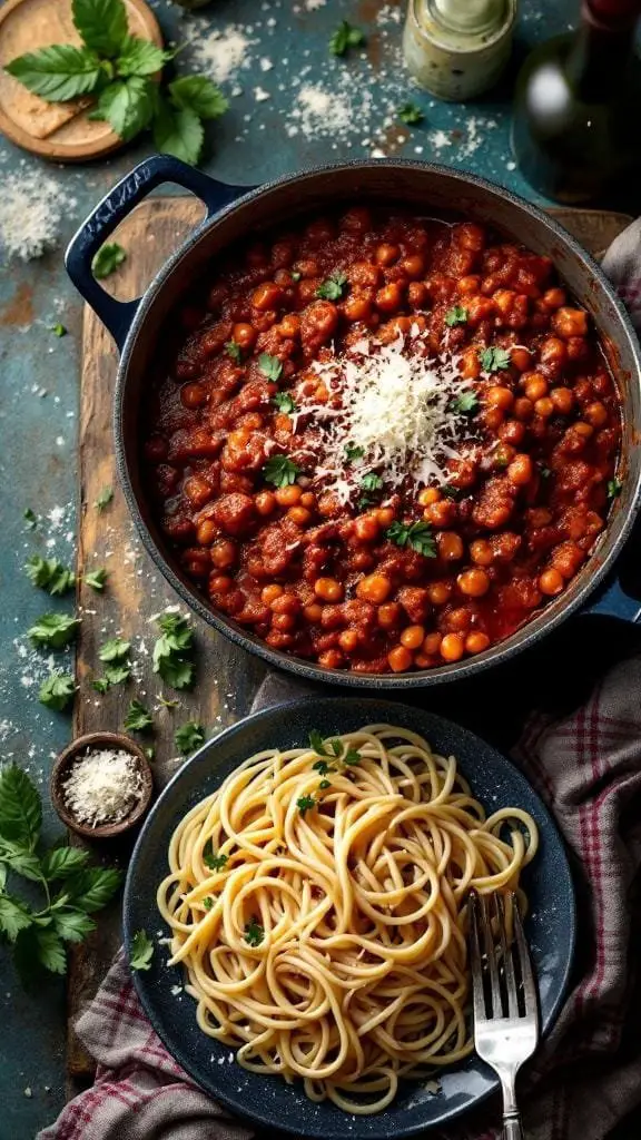 A pot of creamy Bolognese sauce with spaghetti on the side, garnished with parsley and cheese.