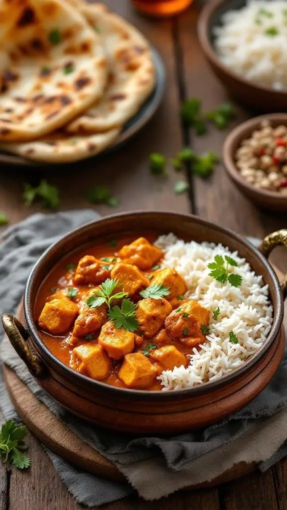 A bowl of creamy butter chicken served with rice and naan on the side.