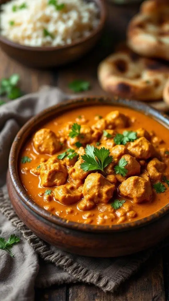 A bowl of creamy butter chicken garnished with cilantro, served with rice and naan.