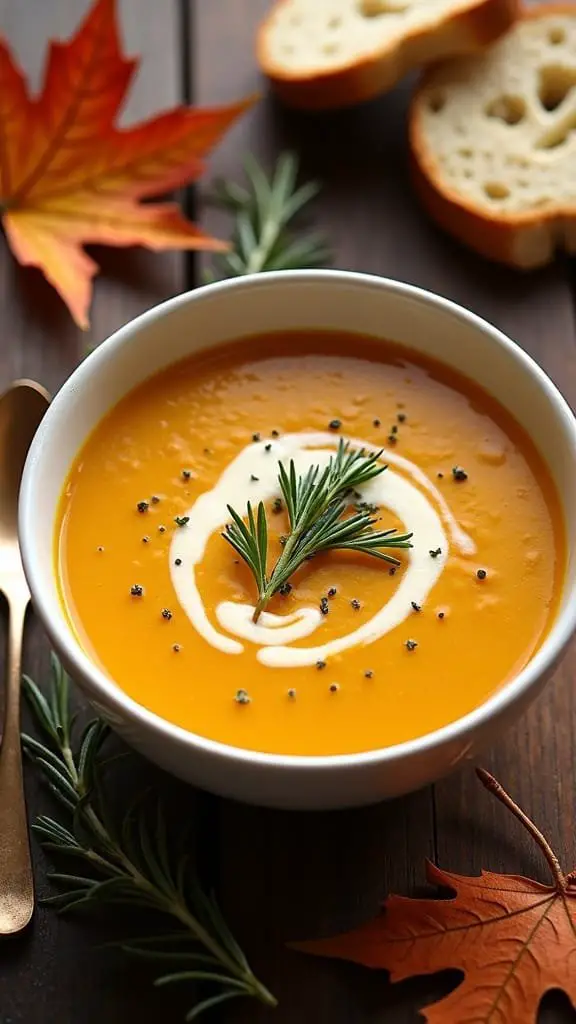 A bowl of creamy butternut squash soup garnished with a swirl of cream and fresh herbs, with bread slices and autumn leaves in the background.