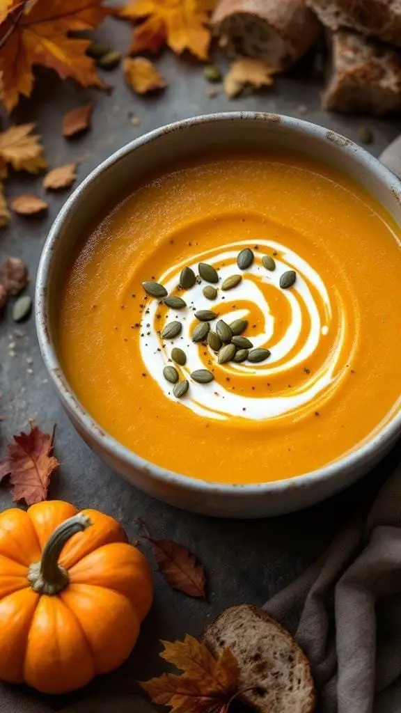 A bowl of creamy butternut squash soup topped with seeds and a swirl of cream, surrounded by autumn leaves and a small pumpkin.