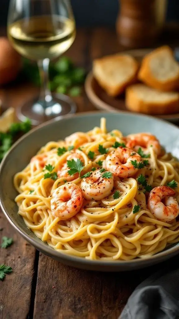 A bowl of creamy Cajun shrimp fettuccine with a glass of white wine and bread on the side.