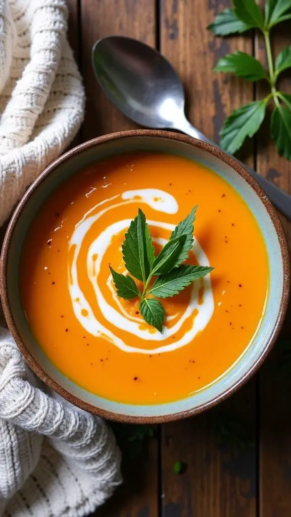 A bowl of creamy carrot ginger soup garnished with a swirl of cream and fresh herbs.