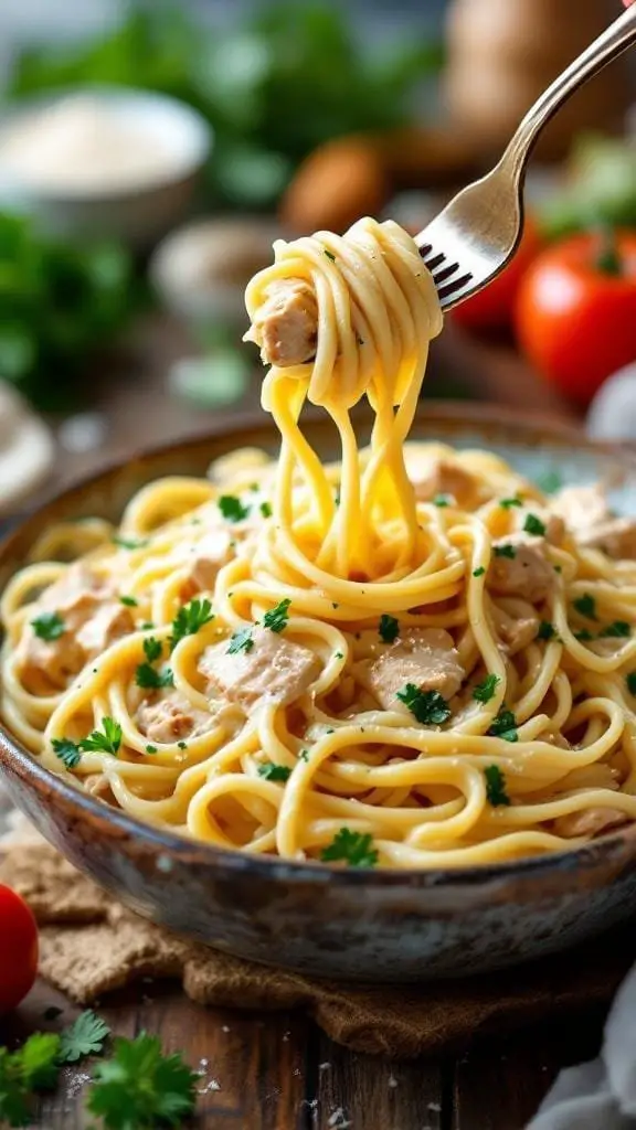 A bowl of creamy chicken alfredo pasta with parsley garnish and a fork twirling the noodles