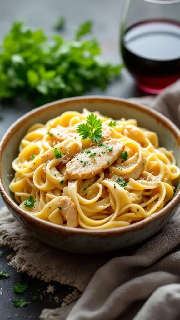 A bowl of creamy chicken alfredo pasta garnished with parsley, with a glass of red wine in the background.