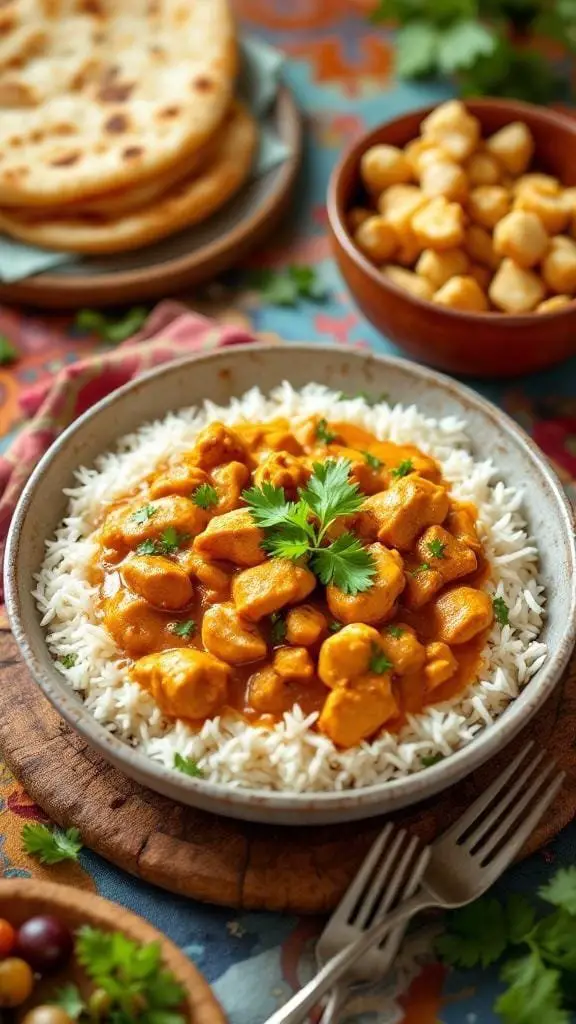 A bowl of creamy chicken korma served over rice with naan and chickpeas on the side.