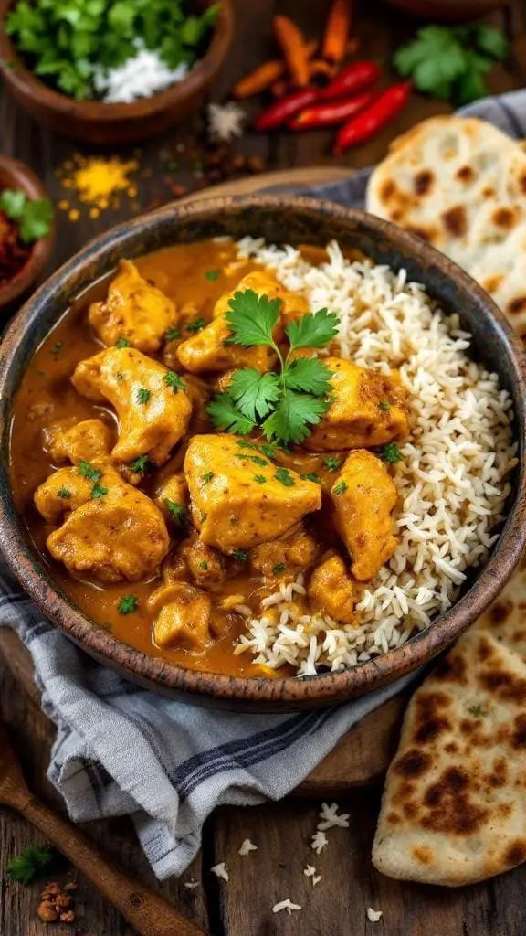 A bowl of creamy chicken korma served with rice and naan