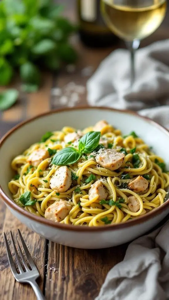 A bowl of creamy chicken pesto pasta garnished with basil leaves.
