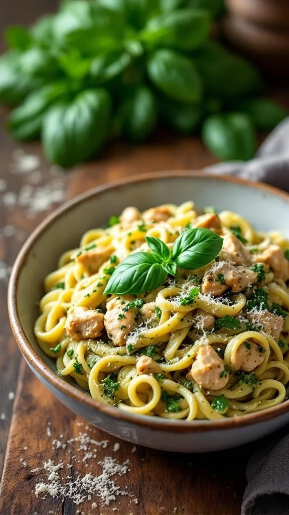 A bowl of creamy chicken pesto pasta garnished with fresh basil.