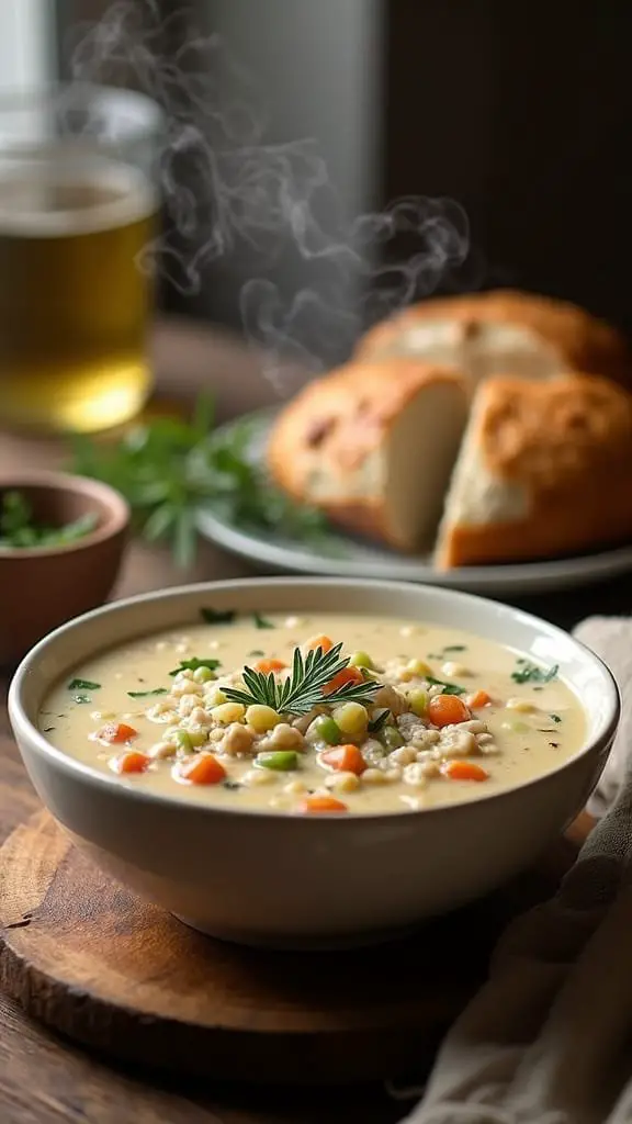 A bowl of creamy chicken wild rice soup garnished with herbs, served with bread.